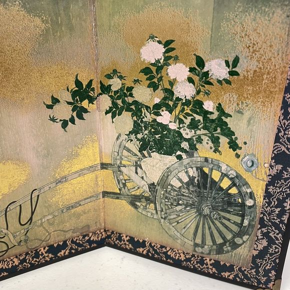 Japanese Folding Screen Flower Cart Painting 2-panel With Gold Fabric Trim 10x8 - Picture 2 of 8